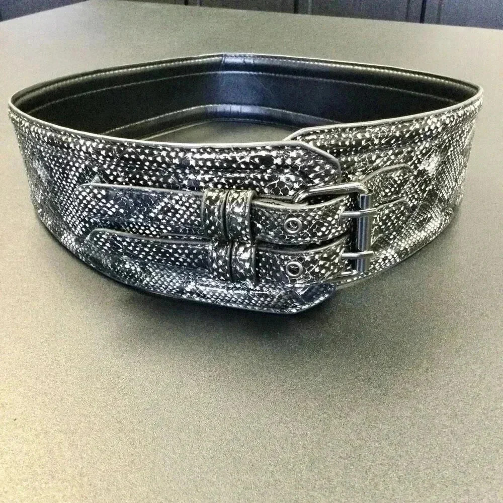 Vintage Womens Black White Snake Print Double Buckle Wide Belt Size 12